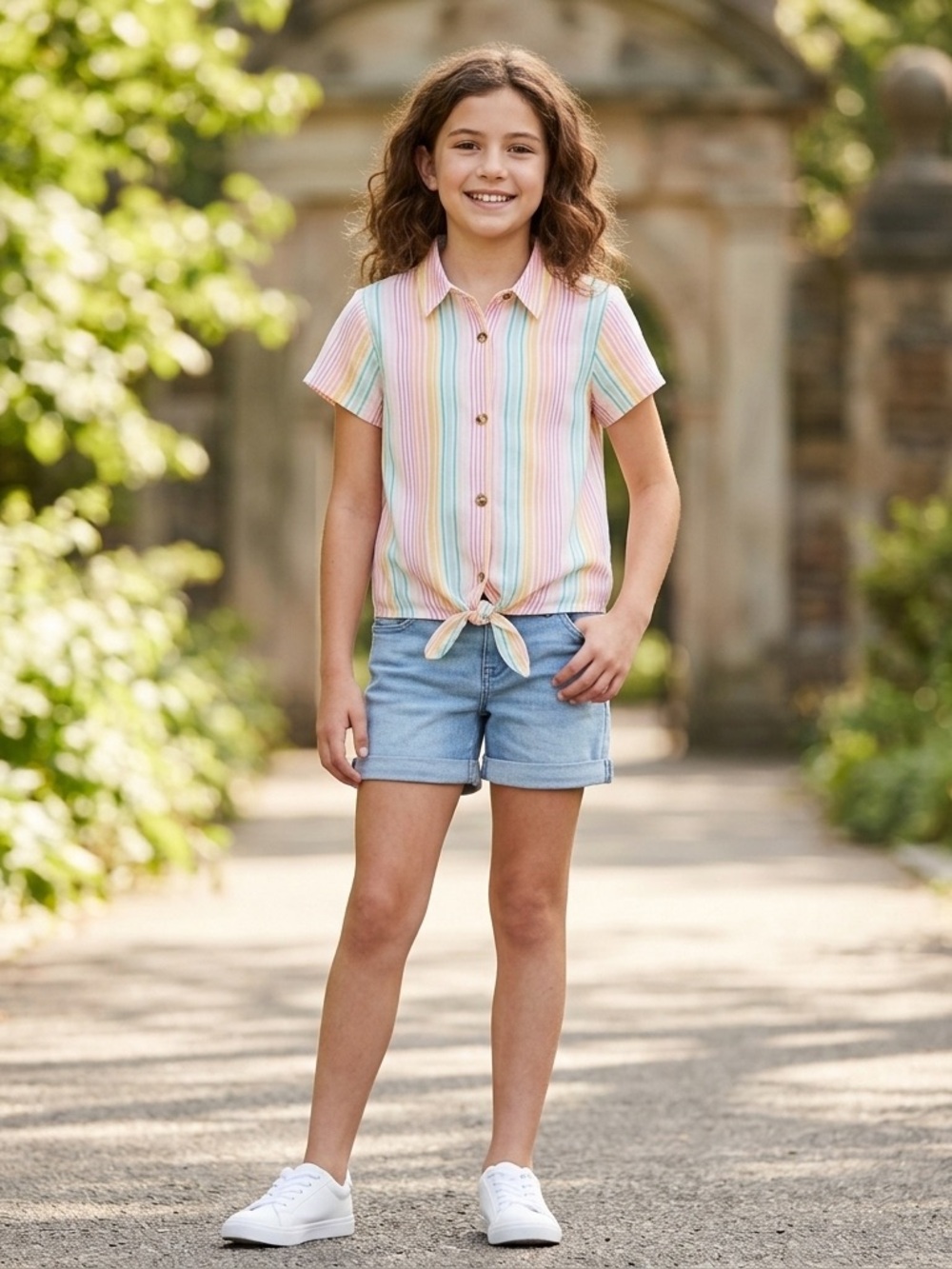 NWT Cat & Jack Striped Tie-Front Short Sleeve Shirt L 10/12